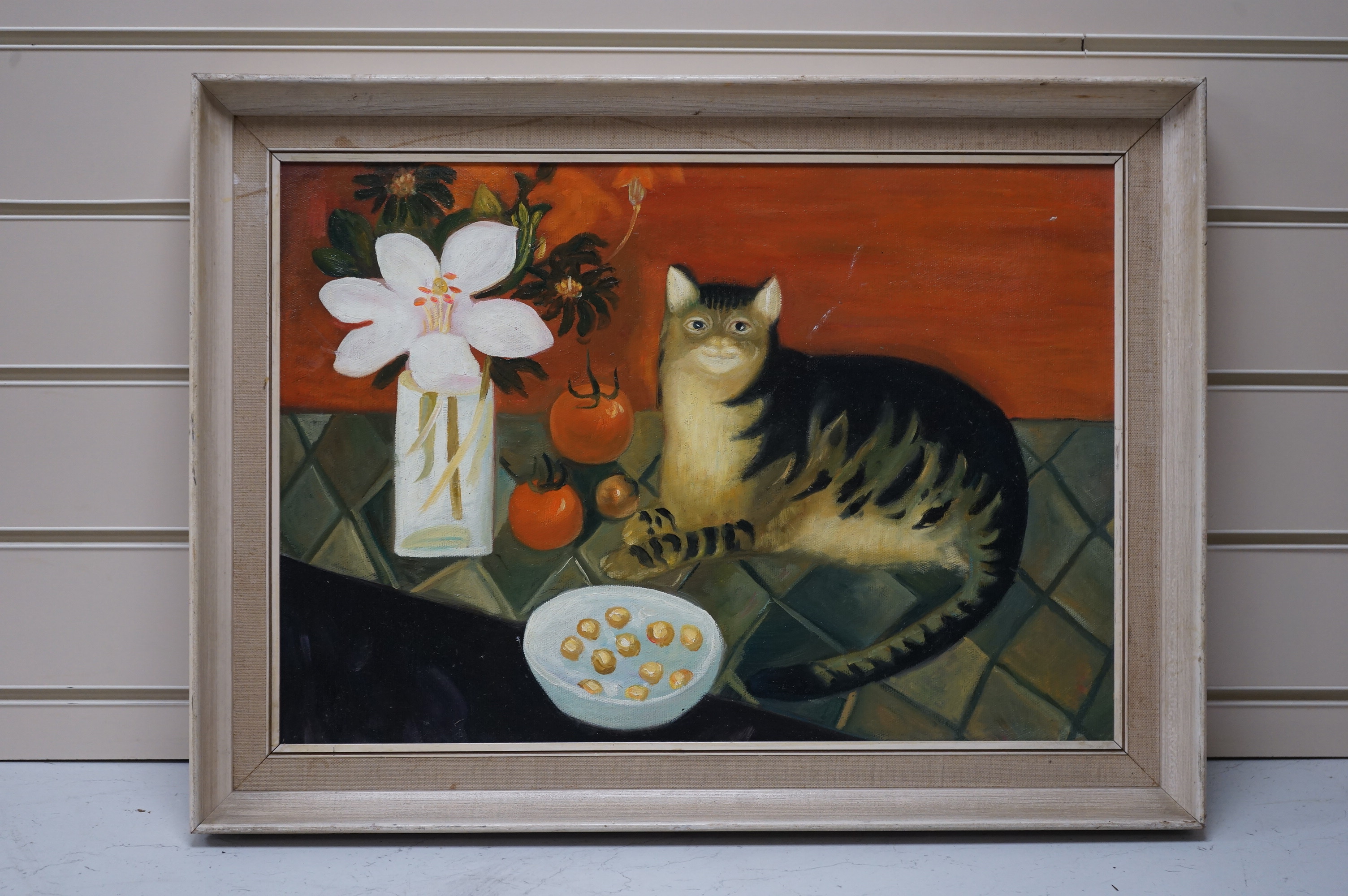 A decorative oil on board, Still life and cat, 34 x 48cm. Condition - good